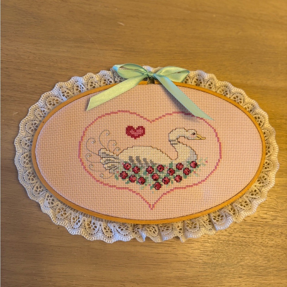 Vintage Handmade Cross Stitch Swan Heart Wall Hanging - Pink & White